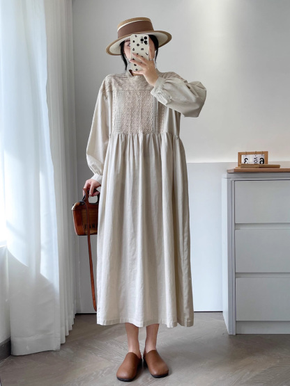 初秋用レトロ風職人技刺繍長袖ワンピース-Sodemai
