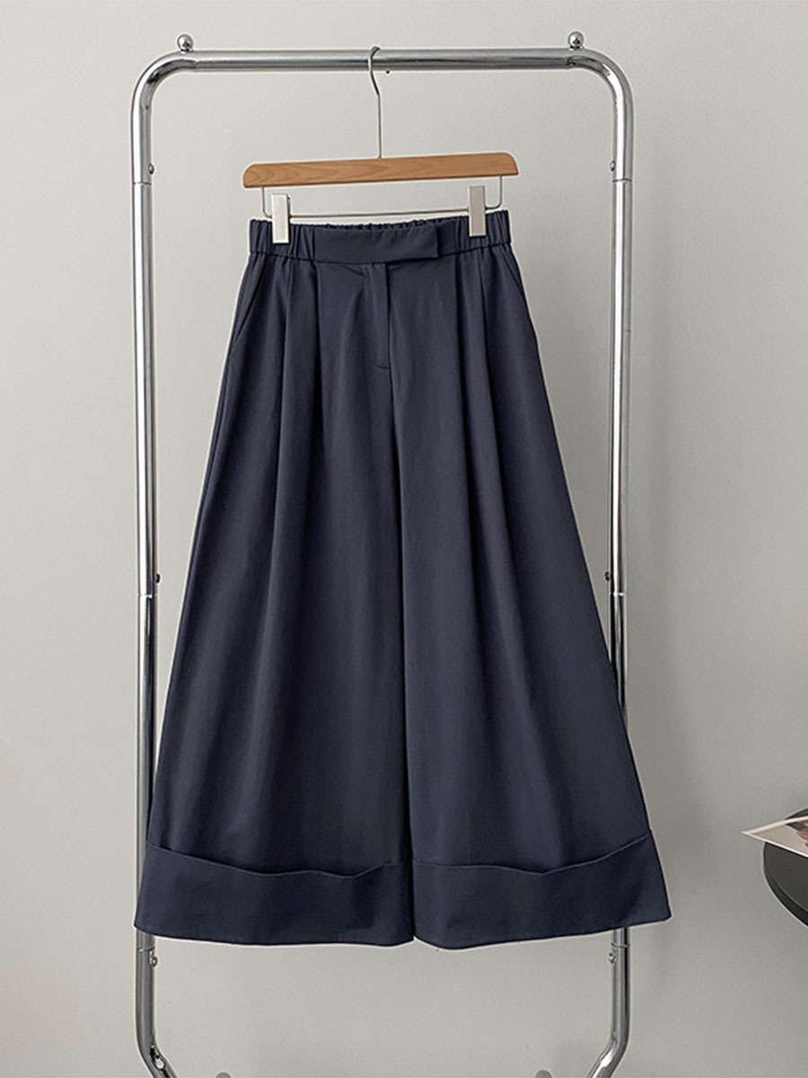 「身長148cm向け」秋ロールアップゴムハイウエストワイドパンツ-Sodemai