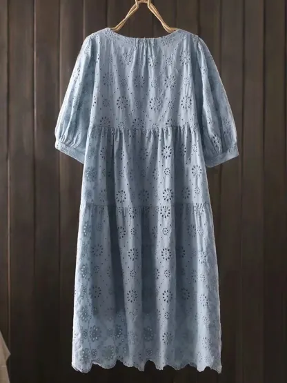 ゆったりカットワーク刺繍入り細見えコットンワンピース
