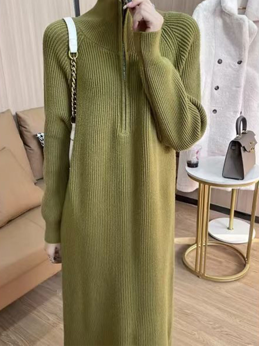 膝下ミディアムロング折り襟ゆったりニットワンピース-Sodemai