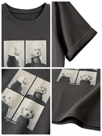 ゆったり着回し力抜群犬柄プリント入り半袖Tシャツ