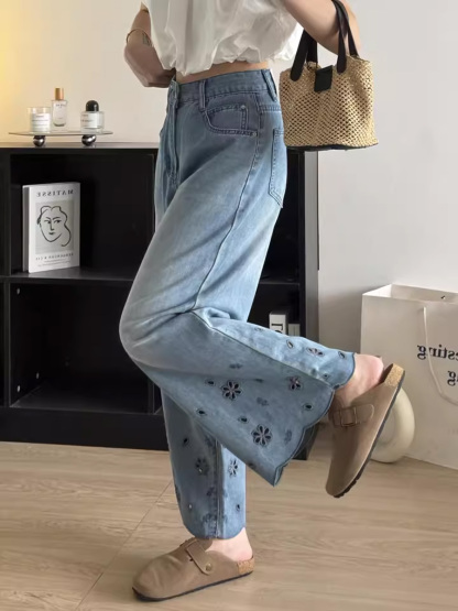 「身長145cm向け」ゆったりレース刺繍入りハイウエスト細見えデニムパンツ-Sodemai