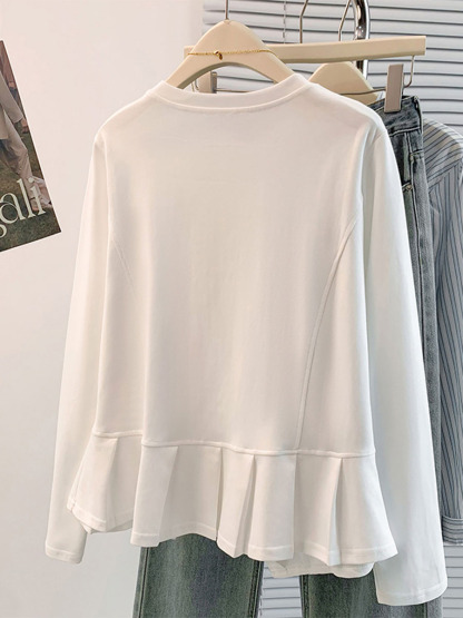 無地ソフトなアシンメトリーデザイン長袖Tシャツ-Sodemai