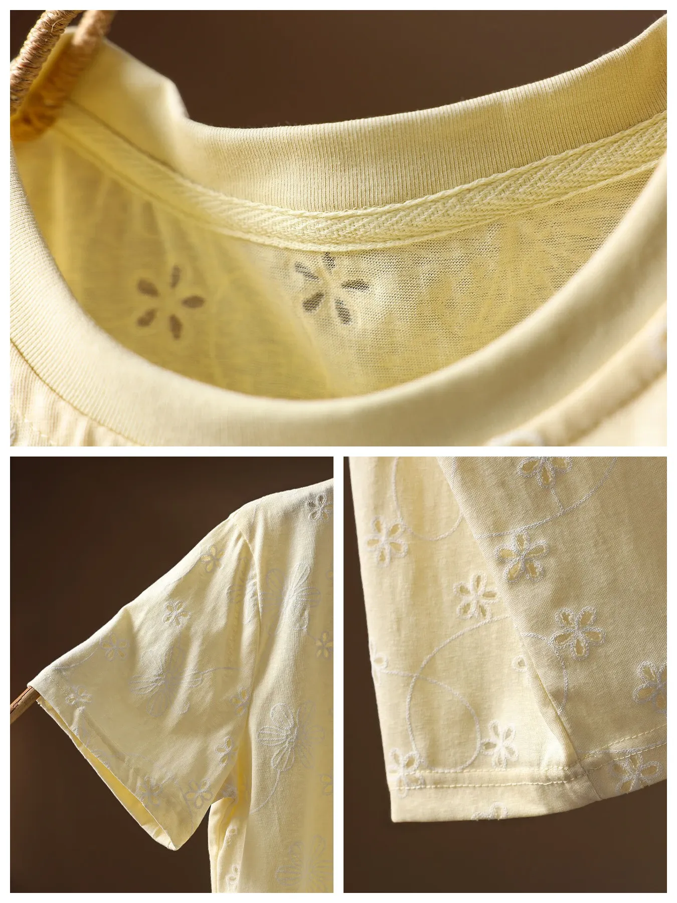 ゆったり花柄刺繍入りコットン半袖Tシャツ