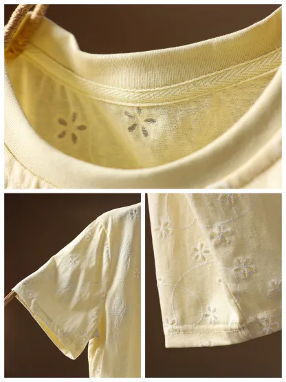 ゆったり花柄刺繍入りコットン半袖Tシャツ