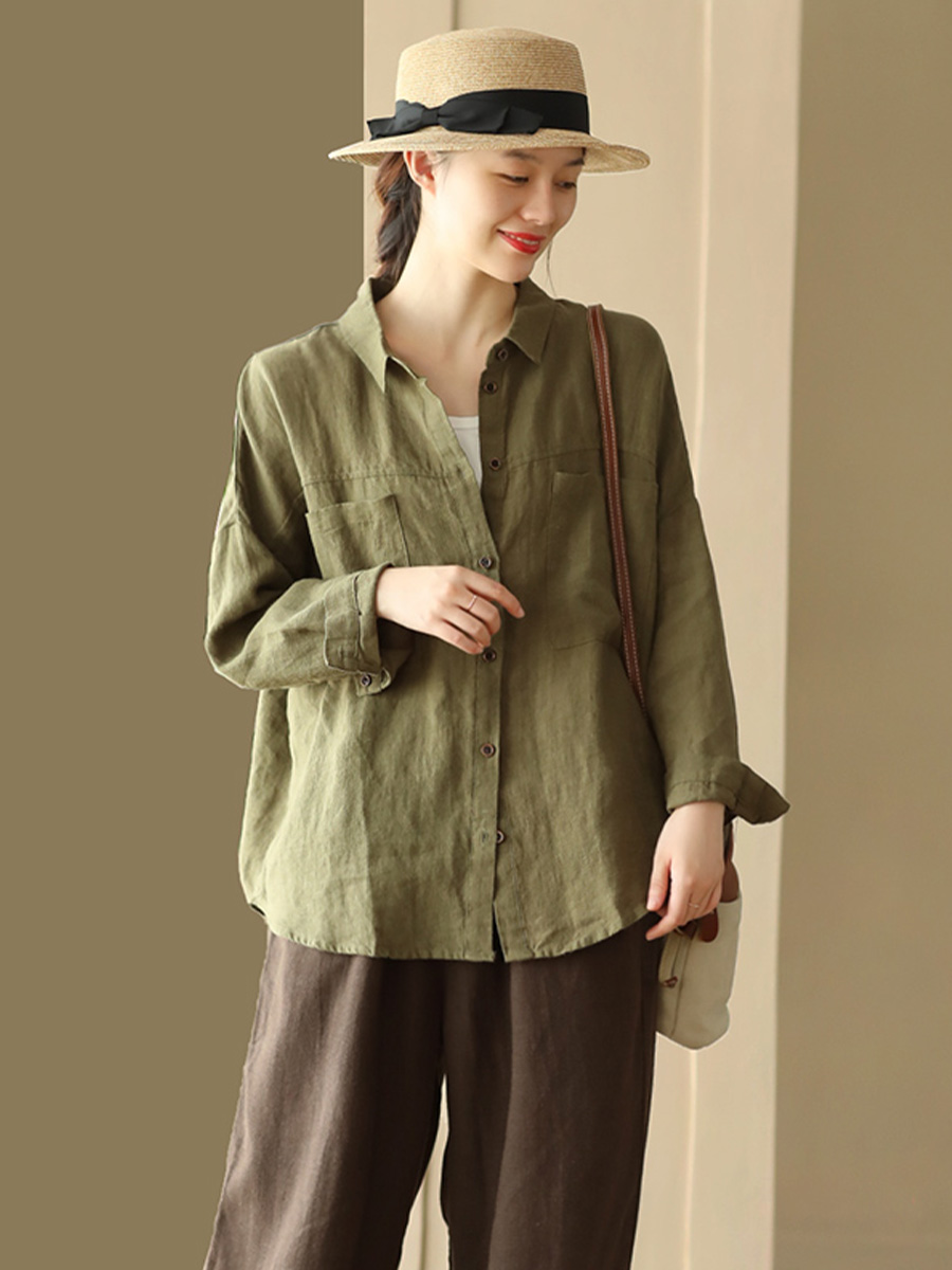 レトロでシンプルなリネンシングルブレスト長袖シャツ-Sodemai