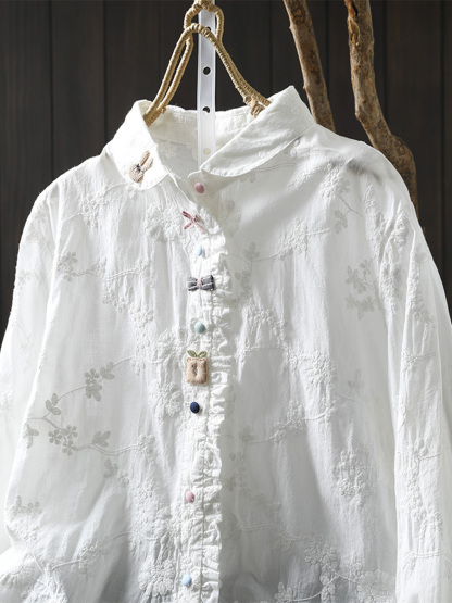 刺繍ジャカードカラーボタン長袖シャツ-Sodemai