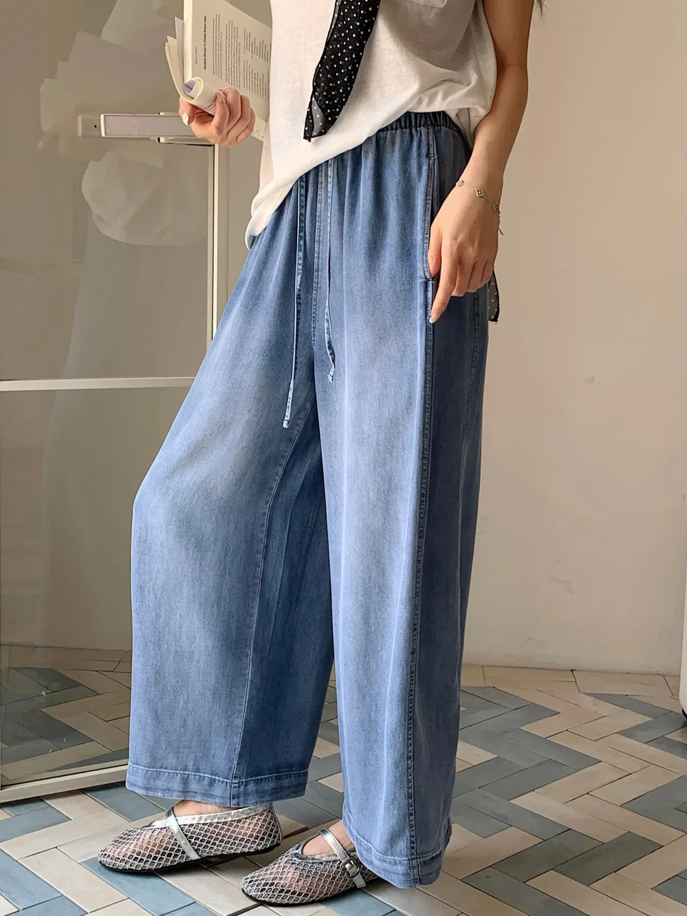 レトロ風リヨセル素材カーブパンツ