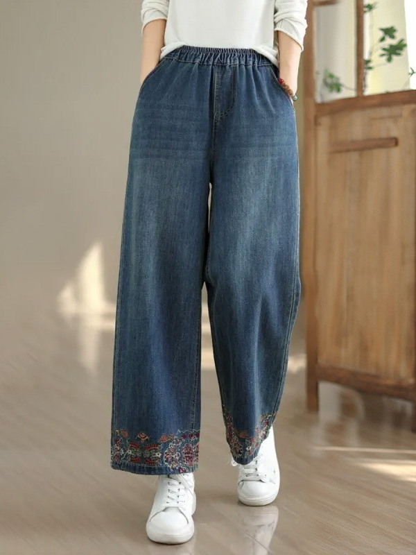 「身長145～160cm向け」レトロ刺繍入りワイドデニムパンツ-Sodemai
