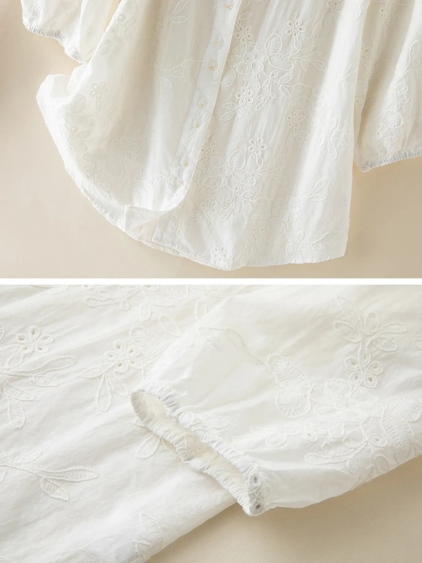 コットン100％レース刺繍入りVネックブラウス