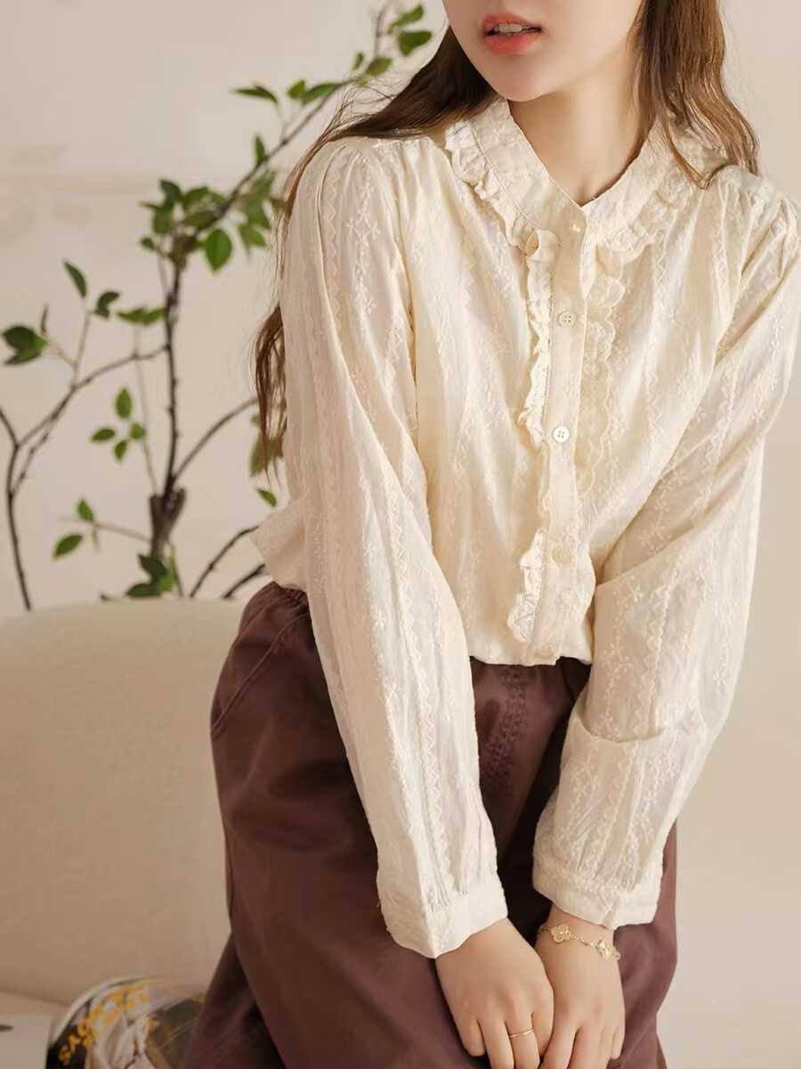 総刺繍メロウフリルコットンブラウス-Sodemai