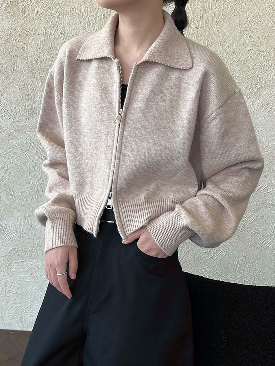 ニットポロ襟ショート丈ダブルジッパーヘッドアウター-Sodemai