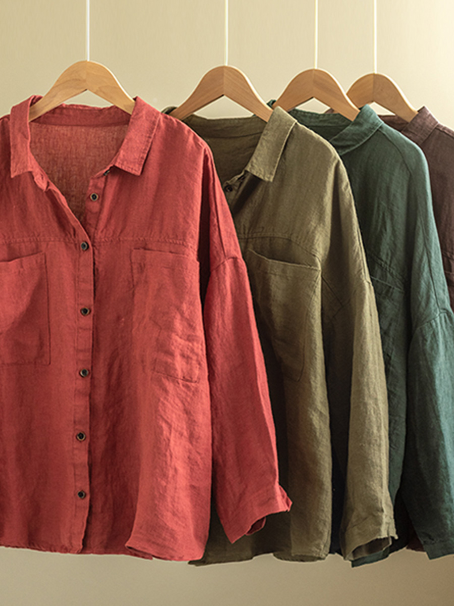 レトロでシンプルなリネンシングルブレスト長袖シャツ-Sodemai