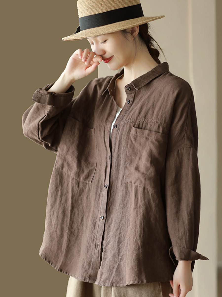 レトロでシンプルなリネンシングルブレスト長袖シャツ-Sodemai