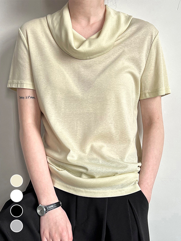 シンプルなデザインくしゅっとネック薄手半袖Tシャツ