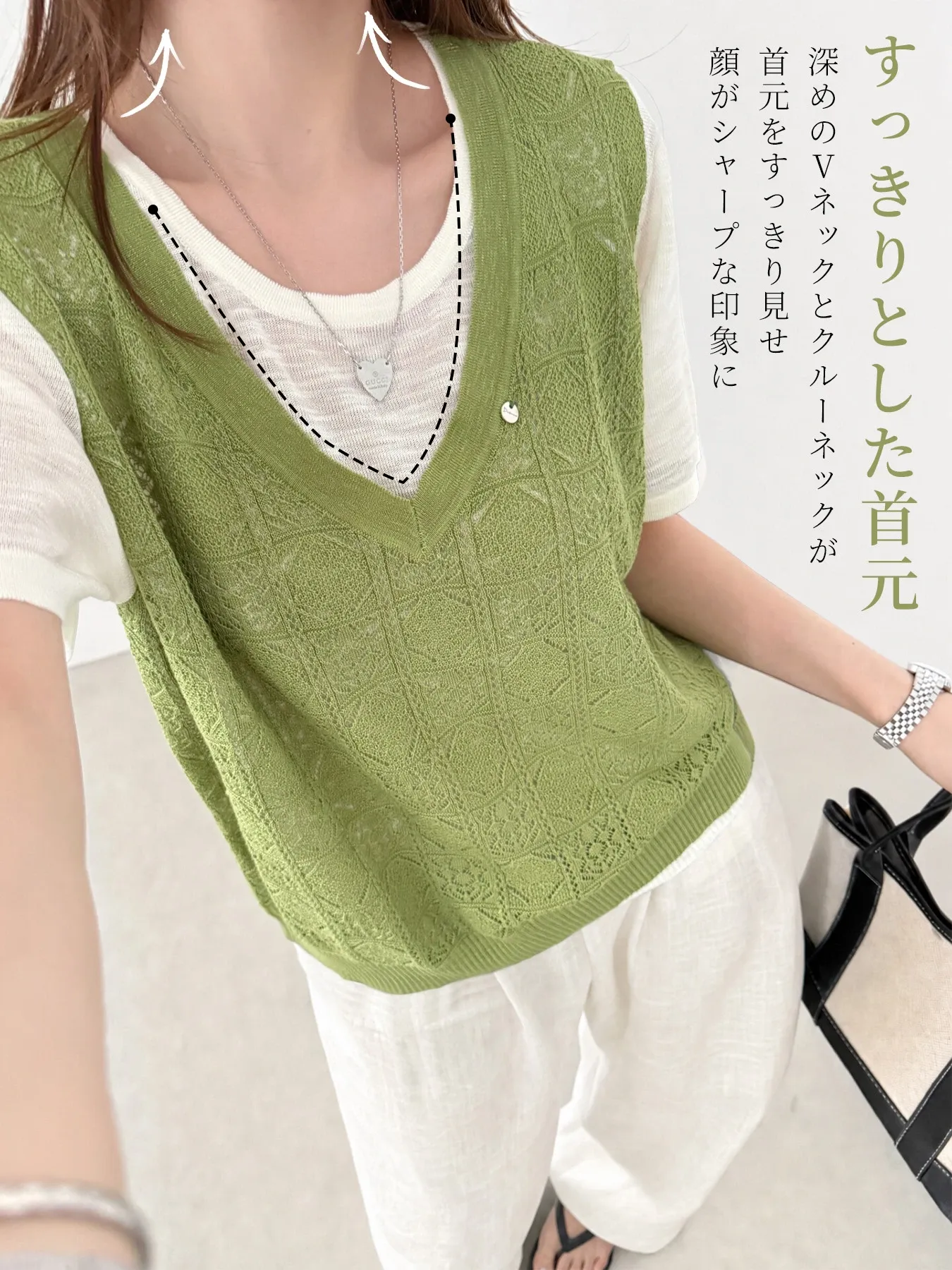 配色デザインゆったりすっきり見えレイヤード風透かし編み半袖ニット