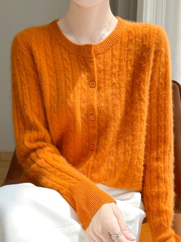 秋冬向けウール混紡クルーネックケーブル編みカーディガン-Sodemai