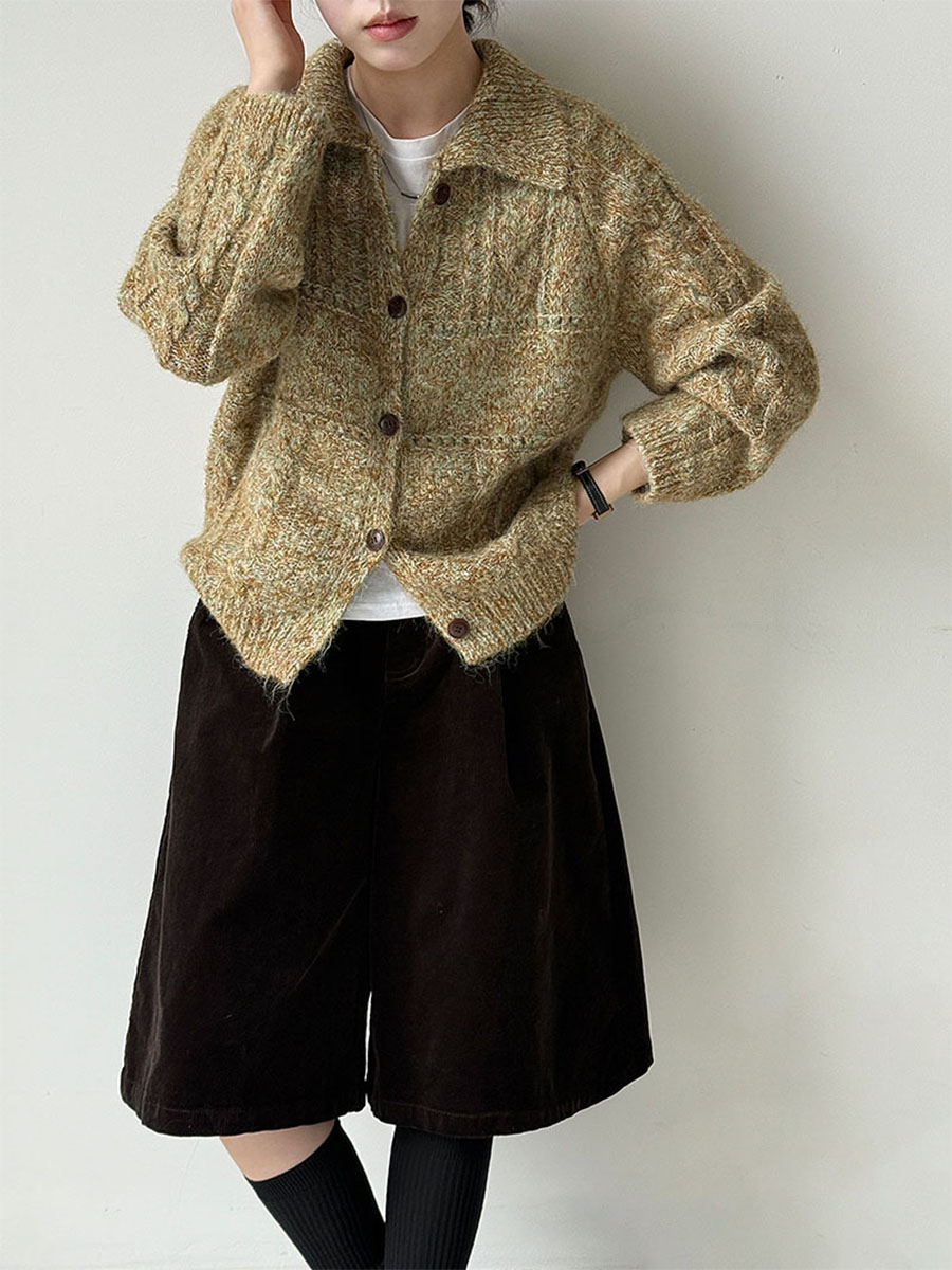 レトロ風メランジニットカーディガン-Sodemai