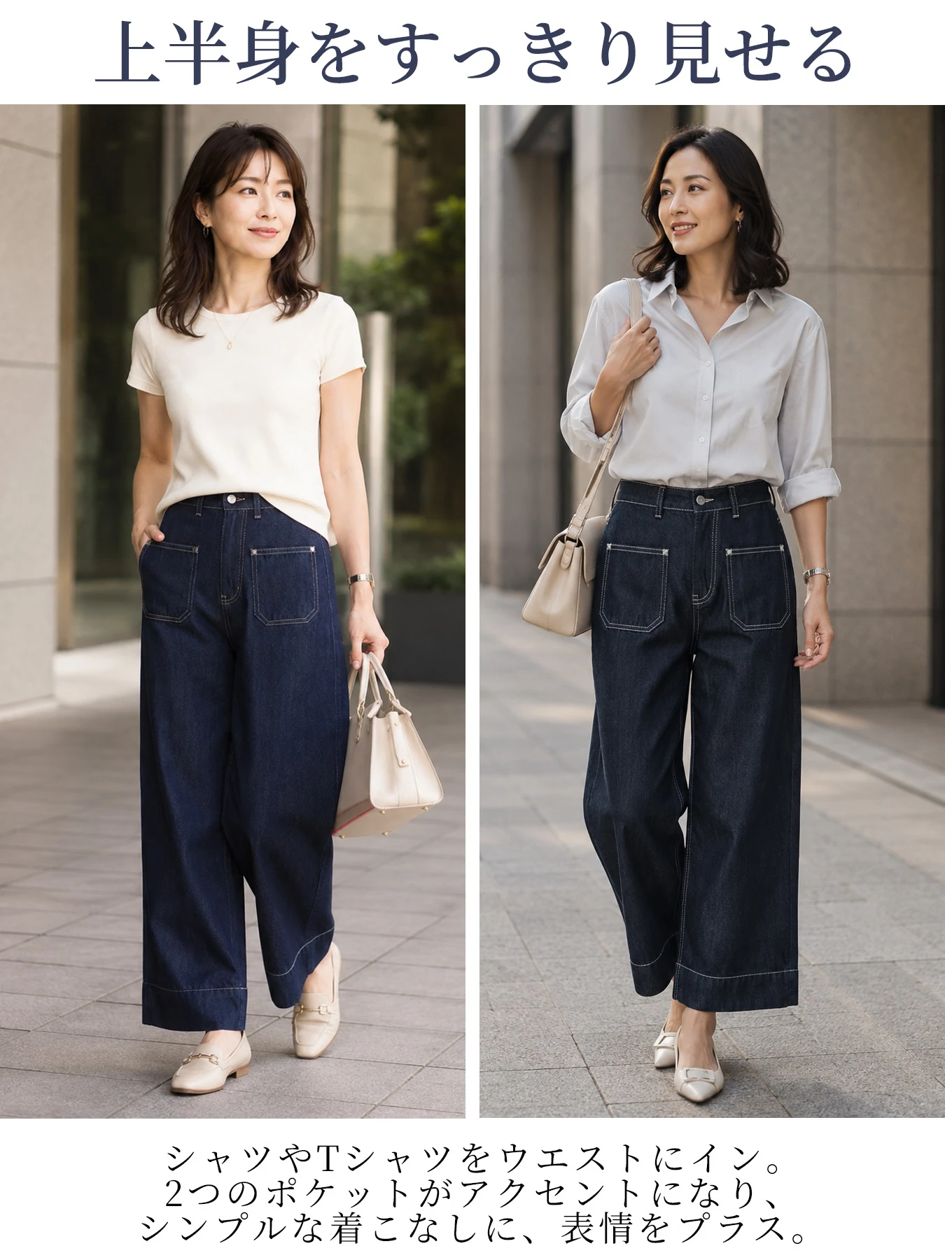 小柄向けすっきり見えハイウエストストレートデニムパンツ 