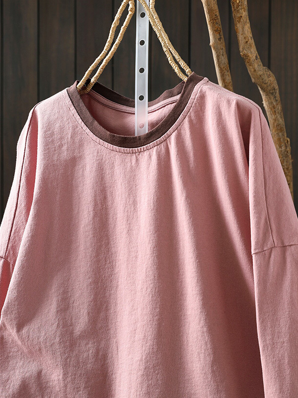 レトロ風細見え配色コットンプルオーバーTシャツ