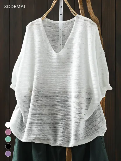 透かし編みデザイン体型カバー半袖ニットTシャツ