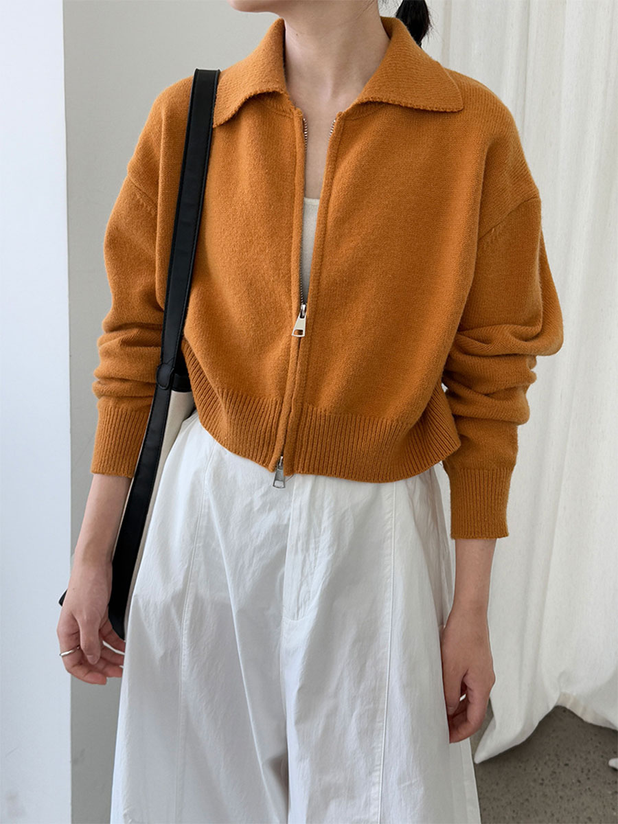 ニットポロ襟ショート丈ダブルジッパーヘッドアウター-Sodemai