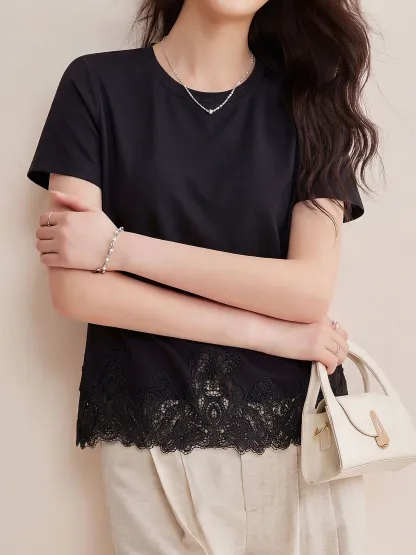 上品なレース切り替え裾デザイン半袖Tシャツ