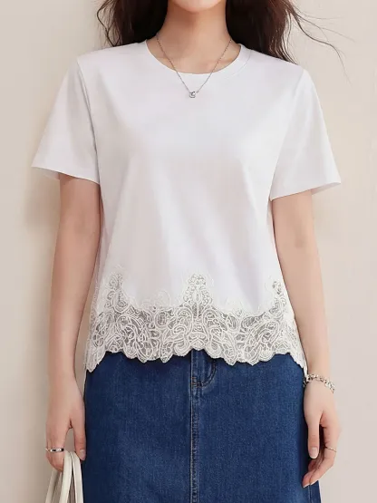 上品なレース切り替え裾デザイン半袖Tシャツ
