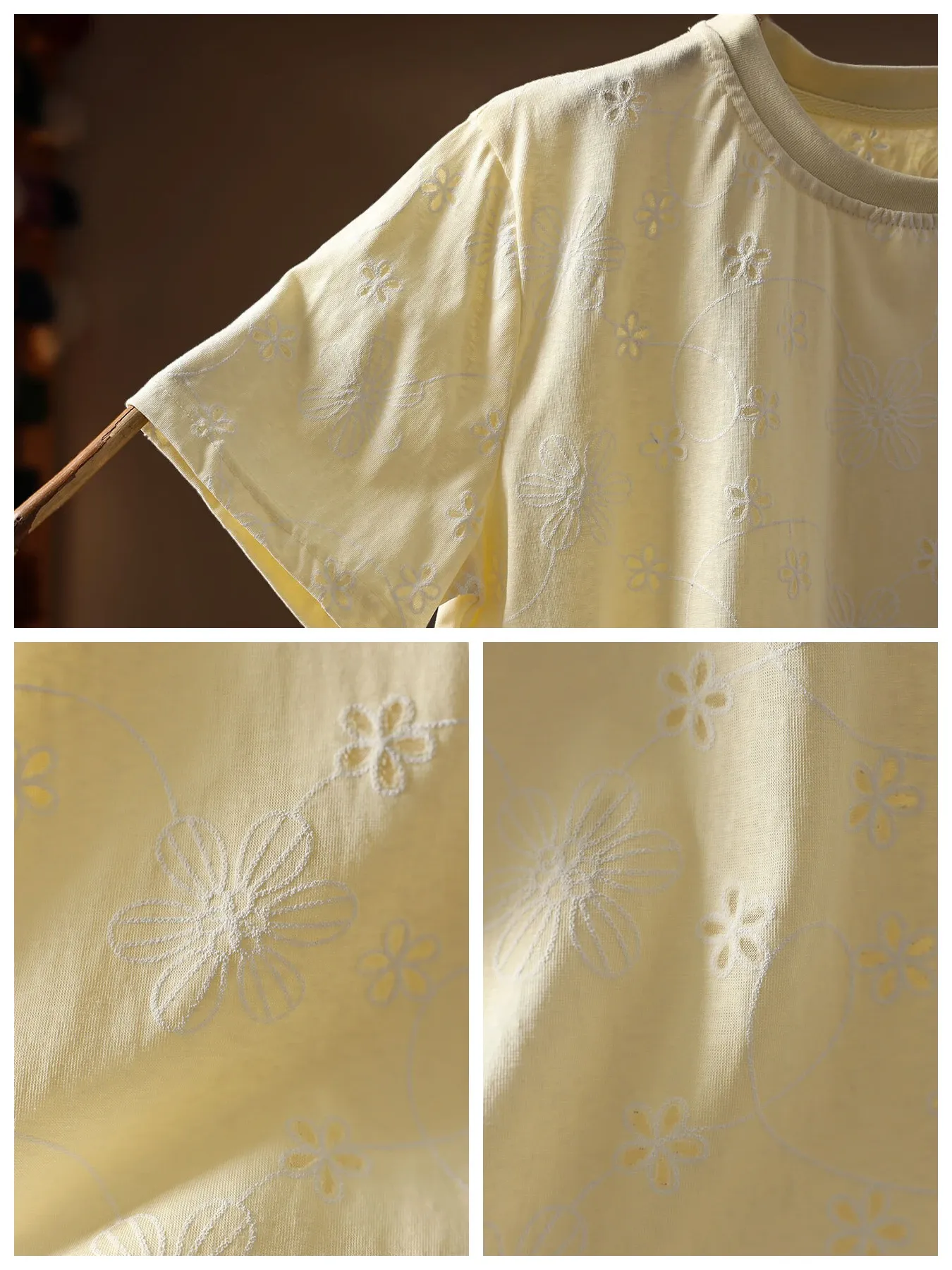 ゆったり花柄刺繍入りコットン半袖Tシャツ