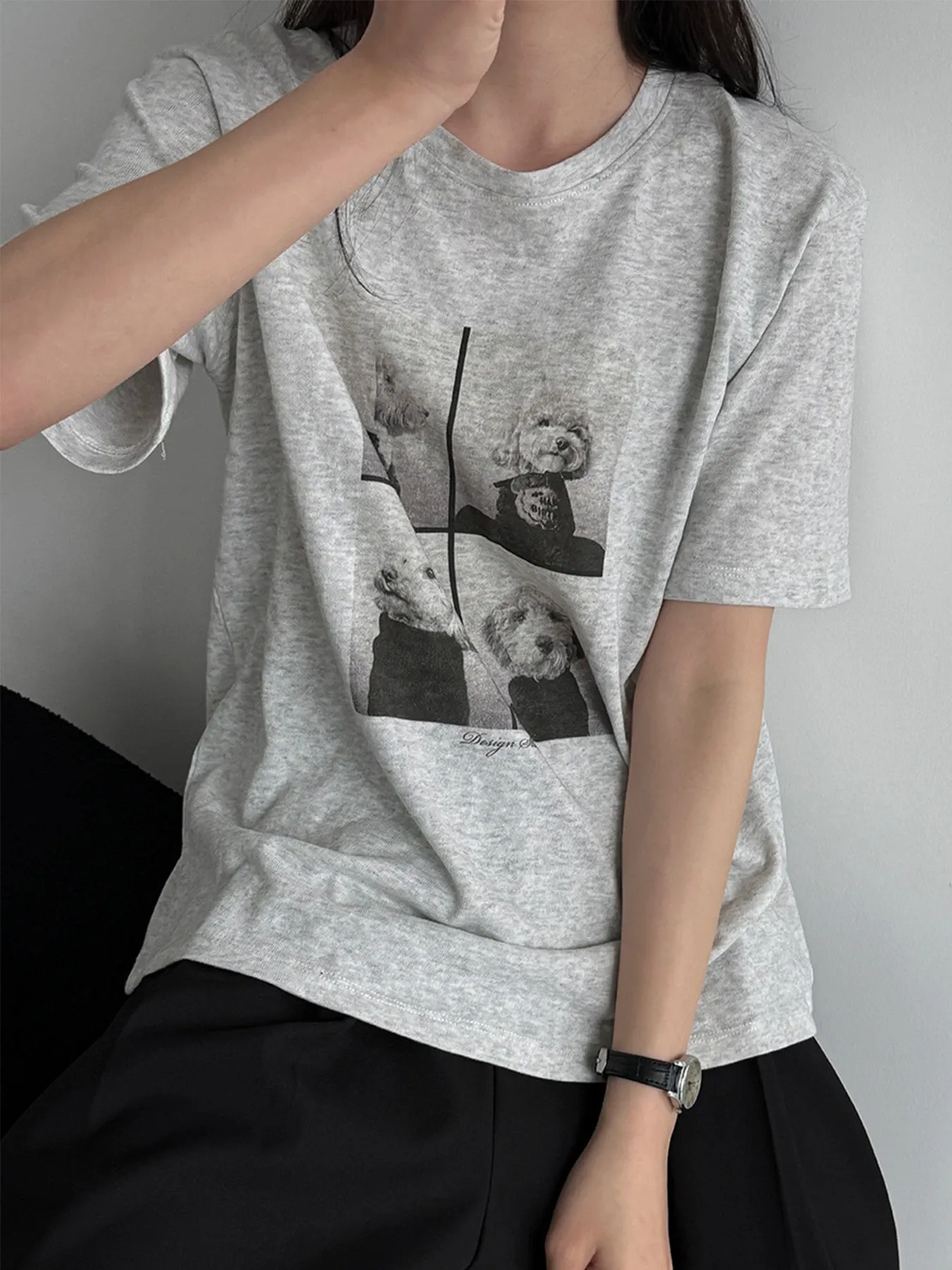 ゆったり着回し力抜群犬柄プリント入り半袖Tシャツ