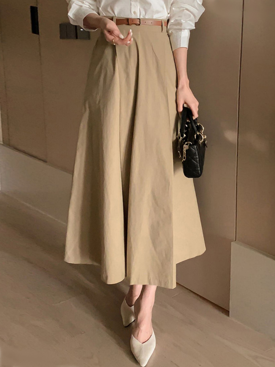 春秋用小柄さん向け通勤ハイウエストAラインミディ丈スカート-Sodemai