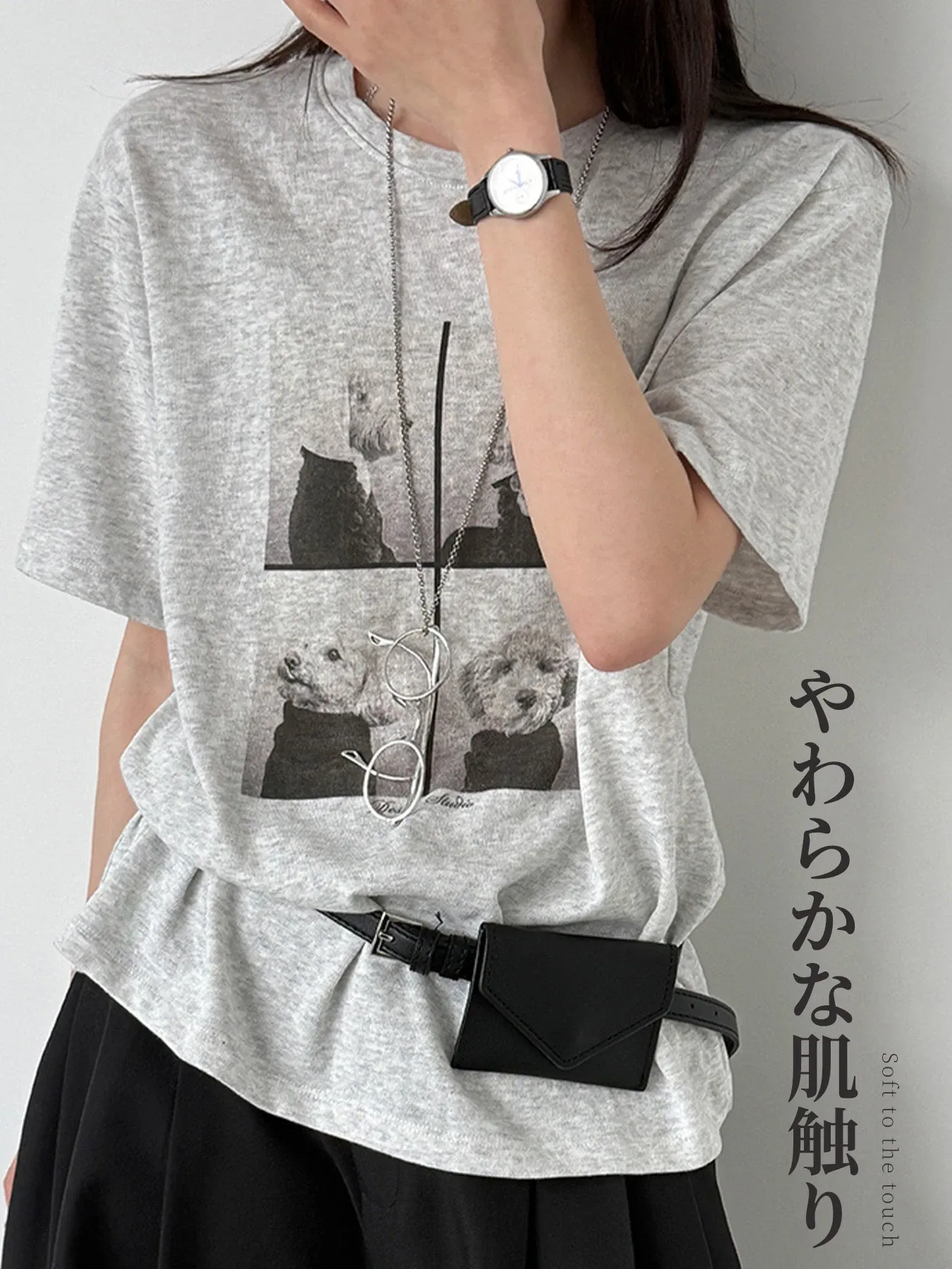 ゆったり着回し力抜群犬柄プリント入り半袖Tシャツ