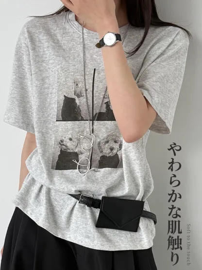 ゆったり着回し力抜群犬柄プリント入り半袖Tシャツ