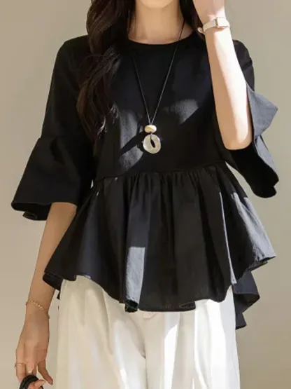 大人カジュアル異素材切り替えデザイン体型カバー半袖Tシャツ
