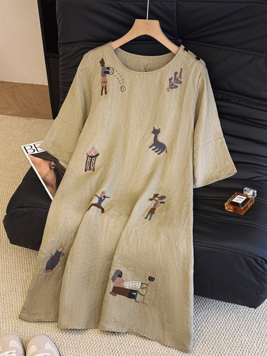 初秋用カジュアル風ハンド刺繍ワンピース-Sodemai