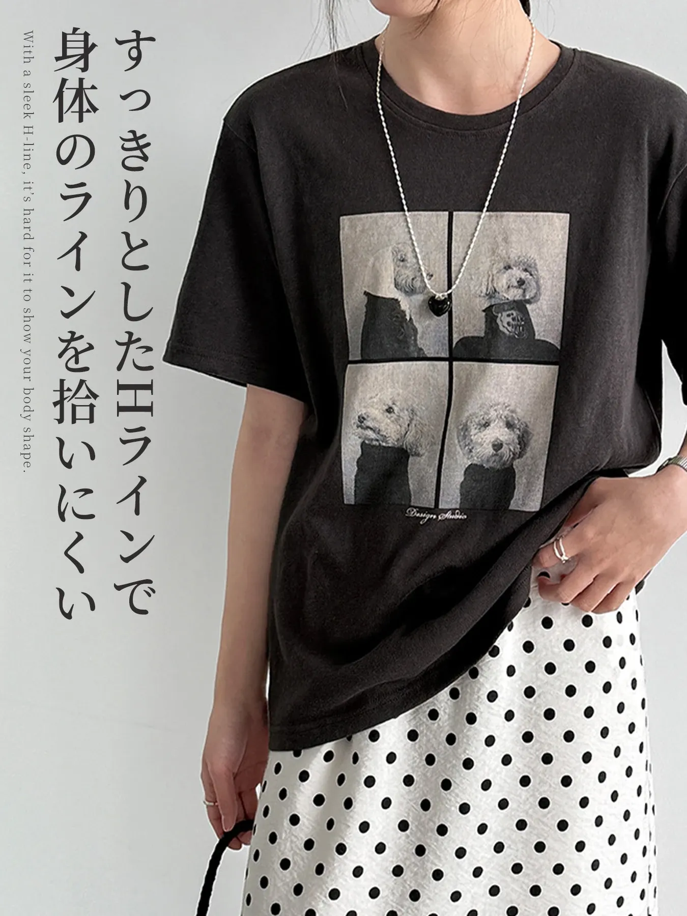 ゆったり着回し力抜群犬柄プリント入り半袖Tシャツ