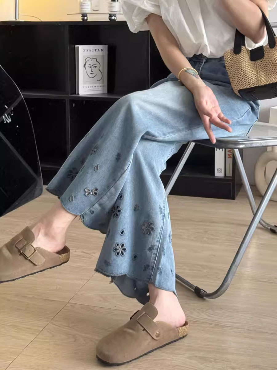 「身長145cm向け」ゆったりレース刺繍入りハイウエスト細見えデニムパンツ-Sodemai