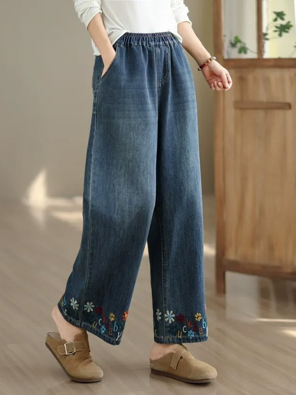 「身長145～160cm向け」レトロ刺繍入りワイドデニムパンツ-Sodemai