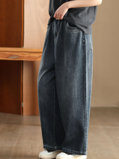 「身長150cm向け」レトロ風ゆったりやわらかハイウエストデニムワイドパンツ-Sodemai