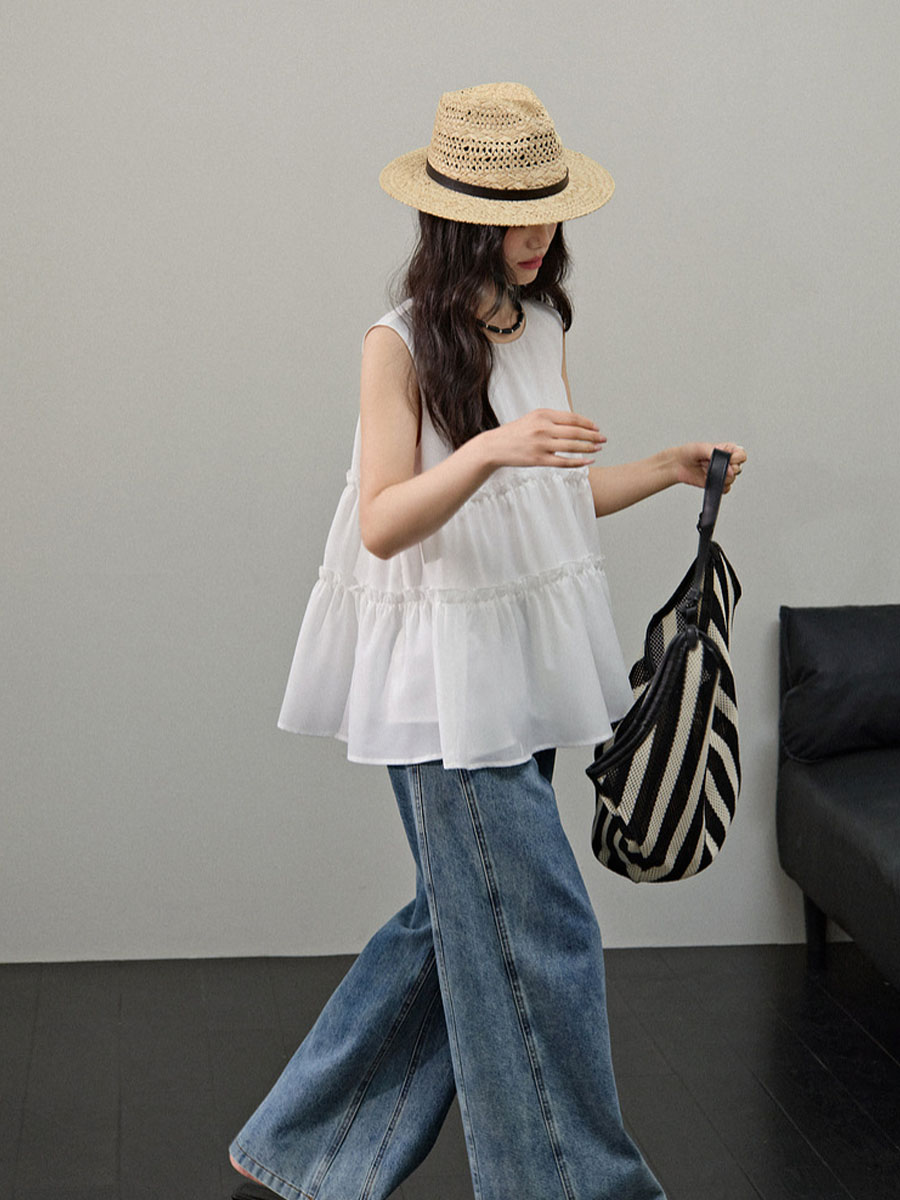 夏ノースリーブキクラゲ裾レイヤード風ブラウス-Sodemai