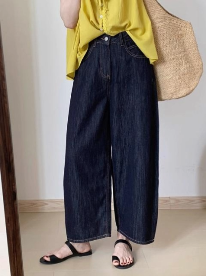 「身長147cm以上向け」小柄さん向けハイウエストゆったりデニムバナナパンツ