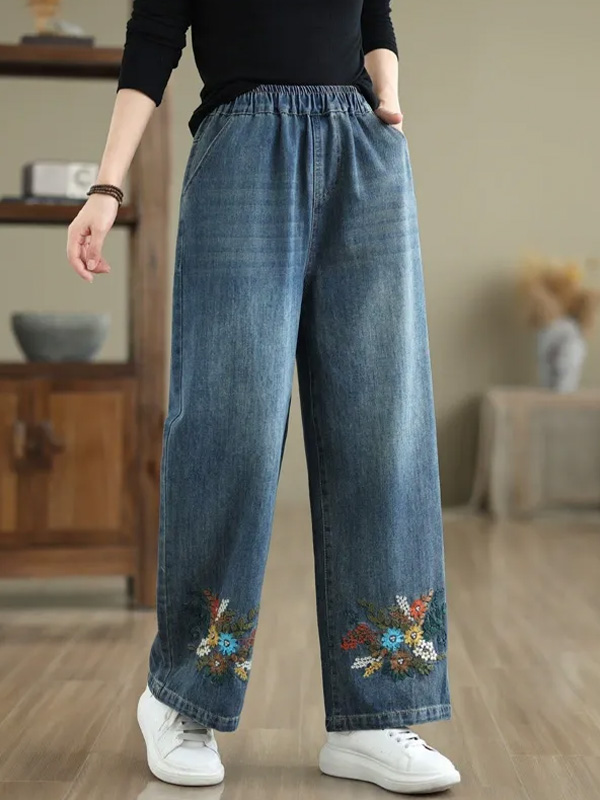 「身長145～160cm向け」レトロ刺繍入りワイドデニムパンツ-Sodemai
