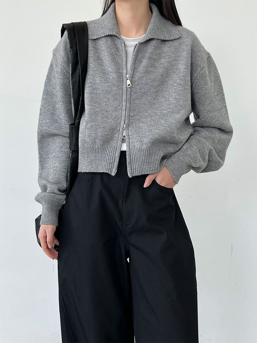 ニットポロ襟ショート丈ダブルジッパーヘッドアウター-Sodemai
