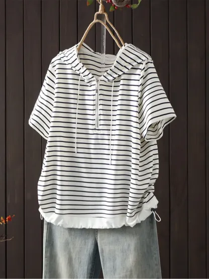 ボーダー柄ハーフジップデザイン裾ドローストリング付きTシャツ