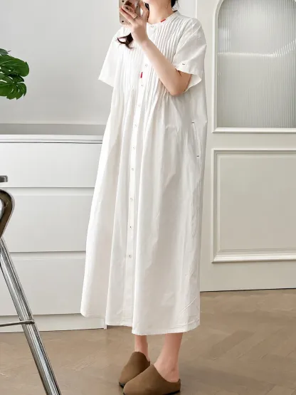 ゆったり風琴プリーツ小ぶりボタン付きコットンシャツワンピース 