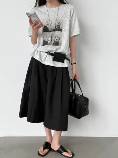 ゆったり着回し力抜群犬柄プリント入り半袖Tシャツ