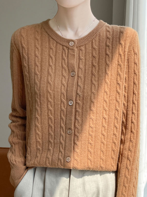 秋冬向けウール混紡クルーネックケーブル編みカーディガン-Sodemai