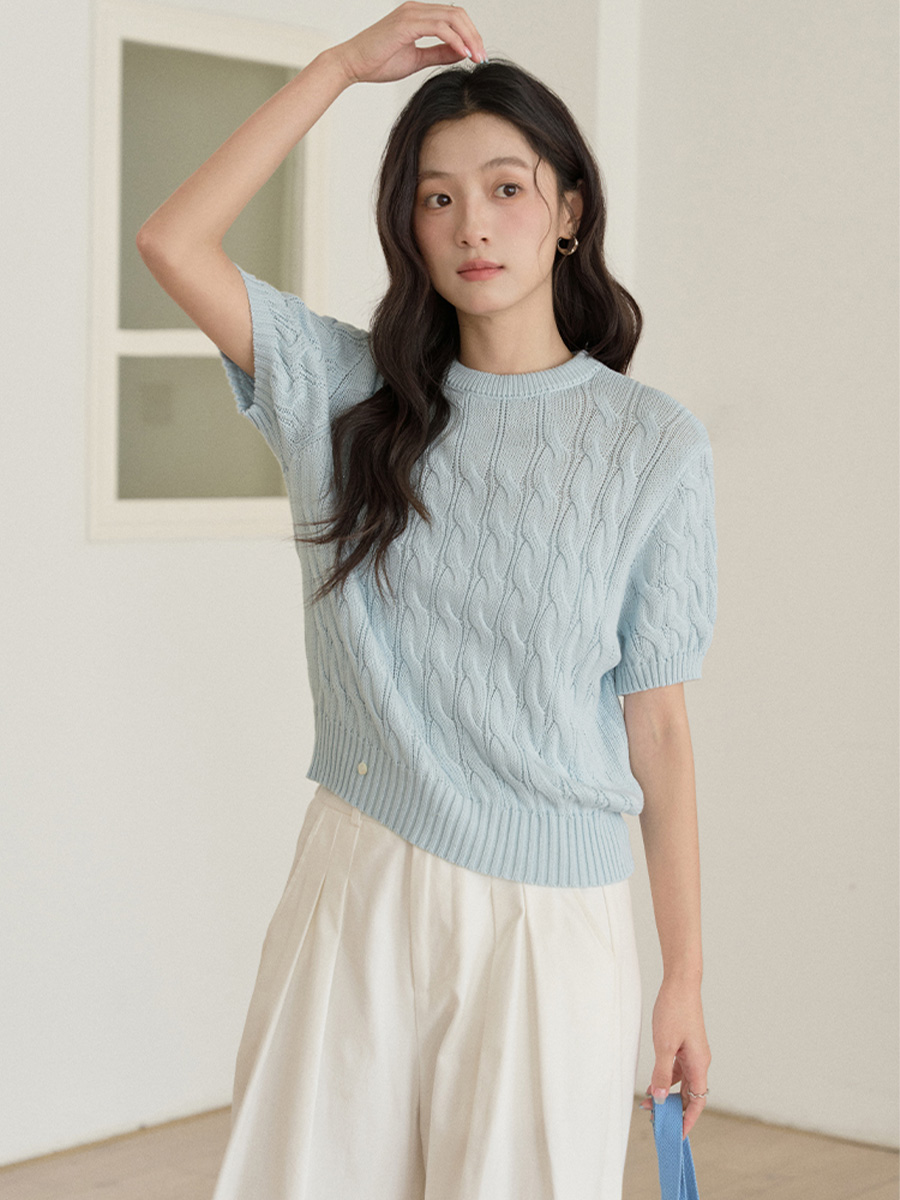 秋新作オフホワイトケーブル編みクルーネック半袖ニット-Sodemai