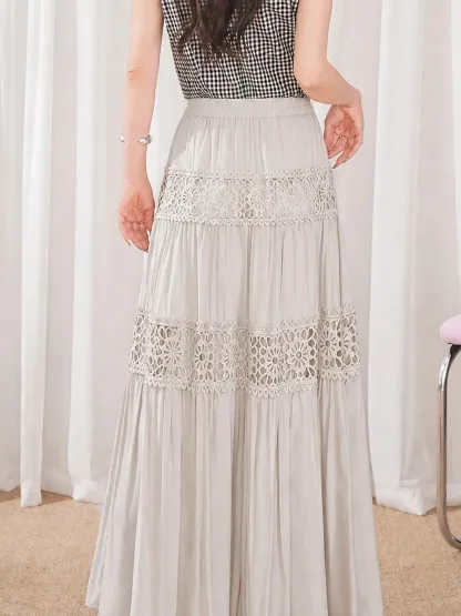 「身長150cm以上向け」上品な透かし編みクロシェハイウエストAラインミディアムロングスカート