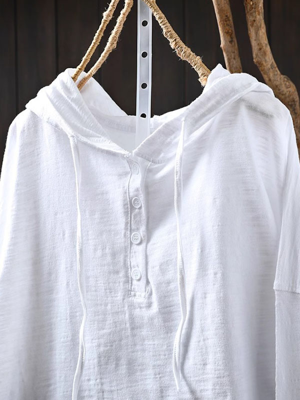 ゆったりフード付きスラブコットン長袖Tシャツ-Sodemai